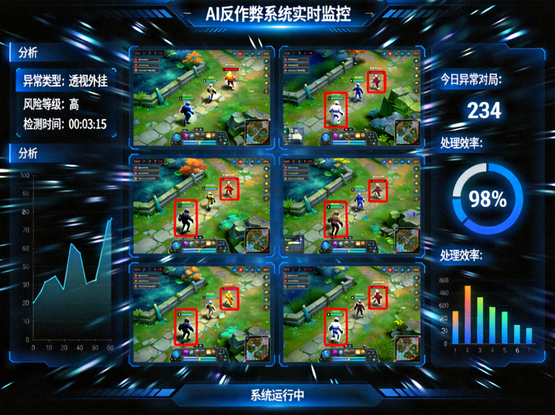 AI反作弊系统监控界面示意图，展示多个游戏对局中异常行为被实时标记和分析