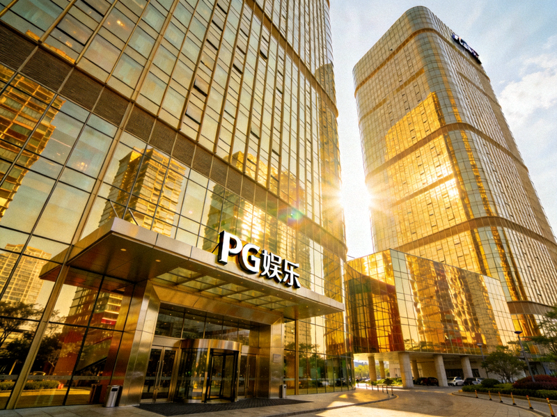 PG大厦外景图，现代化玻璃幕墙建筑在阳光下闪耀，入口处有PG娱乐的Logo标识