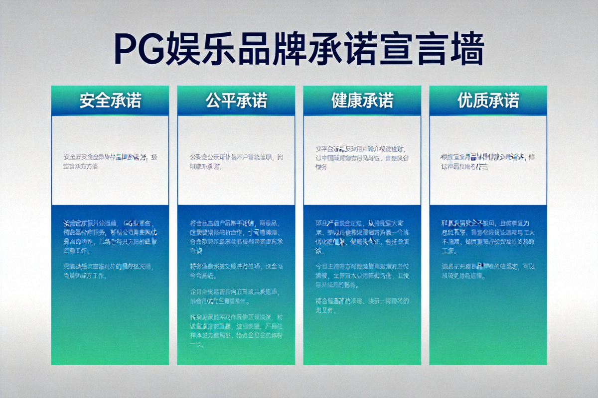 PG娱乐品牌承诺宣言墙，展示安全、公平、健康、优质四大承诺