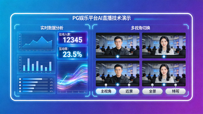 PG娱乐平台AI直播技术演示界面，展示实时数据分析和多视角切换功能