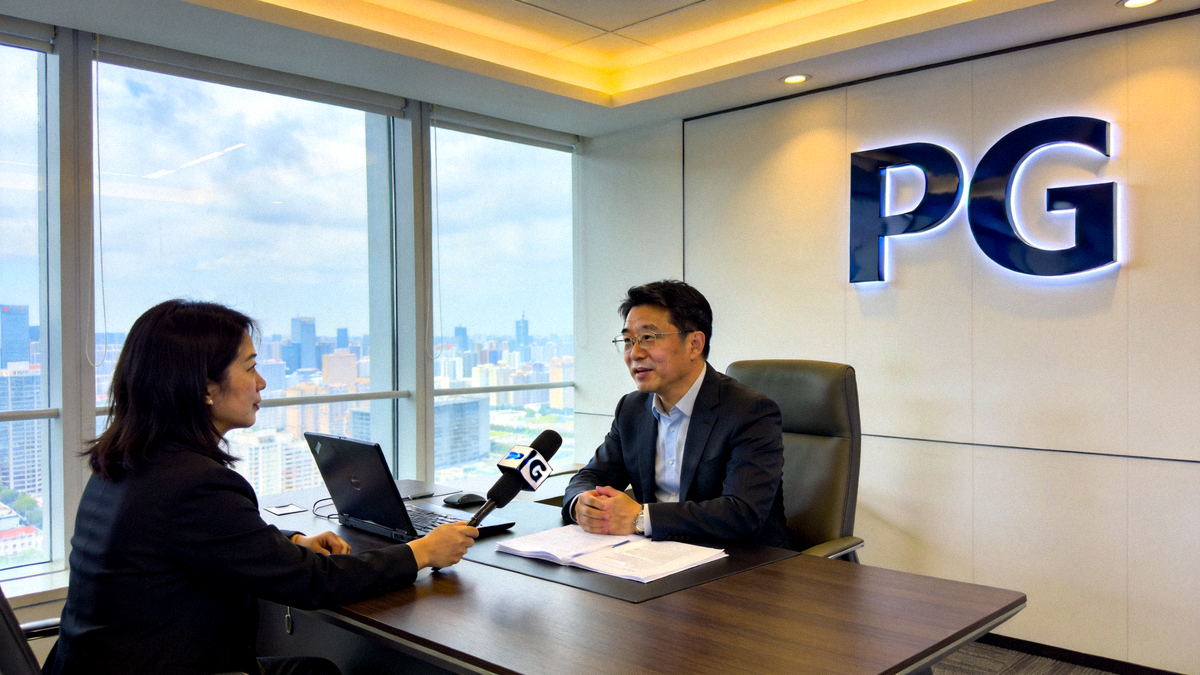 PG娱乐中国区负责人张先生在现代化办公室中接受专访，背景是PG品牌标识与城市景观