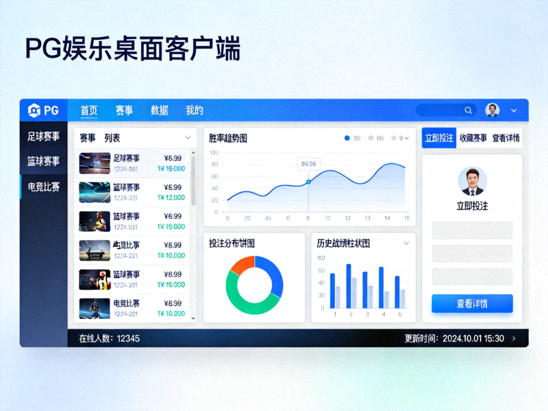 PG娱乐桌面客户端主界面截图，展示多窗口布局、赛事列表与数据图表