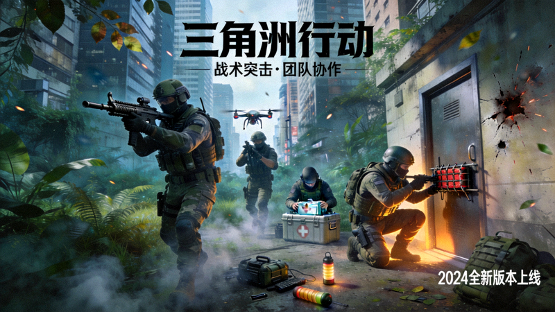 三角洲行动游戏宣传画面，展示特种部队成员在复杂城市与野外环境中进行战术突击与团队协作的写实场景