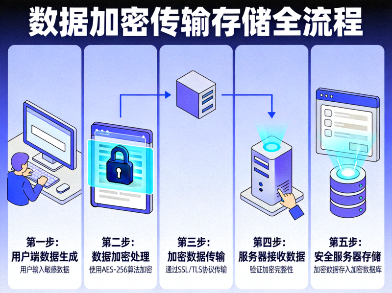 数据加密流程可视化图表，展示数据从用户端加密传输到安全服务器存储的全过程